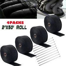 4PCS 2" Titanium 15M Exhaust Header Pipe Fiberglass Heat Wrap Tape + 40PCS Ties