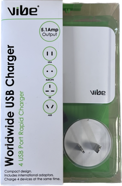 Worldwide 4 USB Charger - Europe/USA/UK/AUS 5.1Amp (Vibe)
