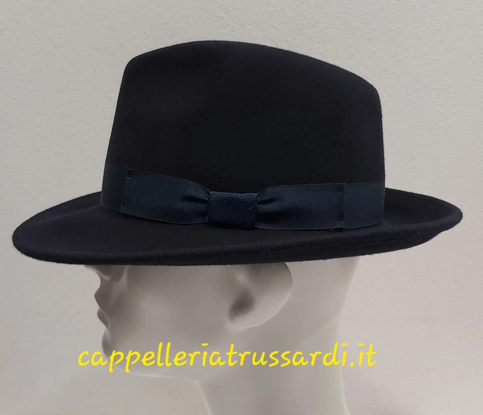 Chapeau En Feutre De Laine Fedora Bleu À Large Bord Made In Italy - Photo 1/4