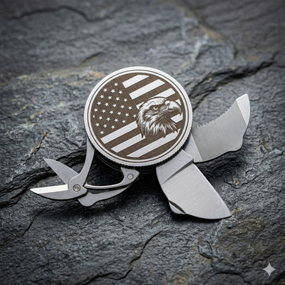 Patriotic US Flag Eagle Stainless Steel Coin 3 in 1 Tool Knife File Scissors