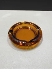 Heavy Glass Amber Ashtray Cigar Cigarette 6" Diameter Vintage