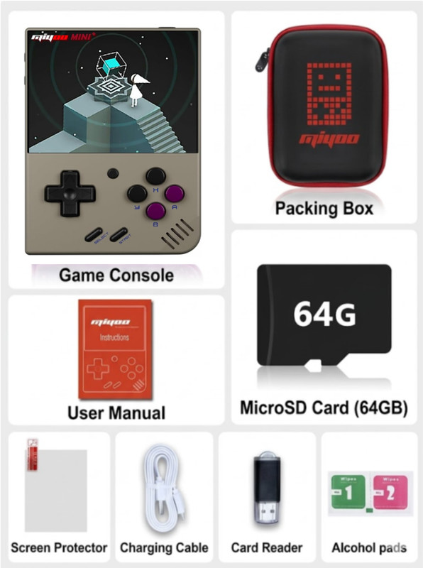 Miyoo Mini Plus 64GB Grey Retro Handheld Console OnionOS WiFi Netplay + Case