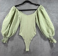 Lulus Romantic Inclination Ribbed Knit Puff Sleeve Bodysuit Sage Green