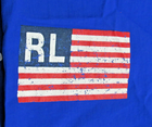 Blue vintage 90s Polo Sport Ralph Lauren shirt with white, red, and blue stripes and bold white “RL” text.