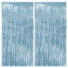 2 Pack Light Blue Fringe Backdrop 3.2x8.2ft Foil Tinsel Curtains Party Streamers