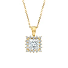 14K Gold 1.30 Ct Lab Grown Princess Cut Diamond Halo Solitaire Pendant Necklace