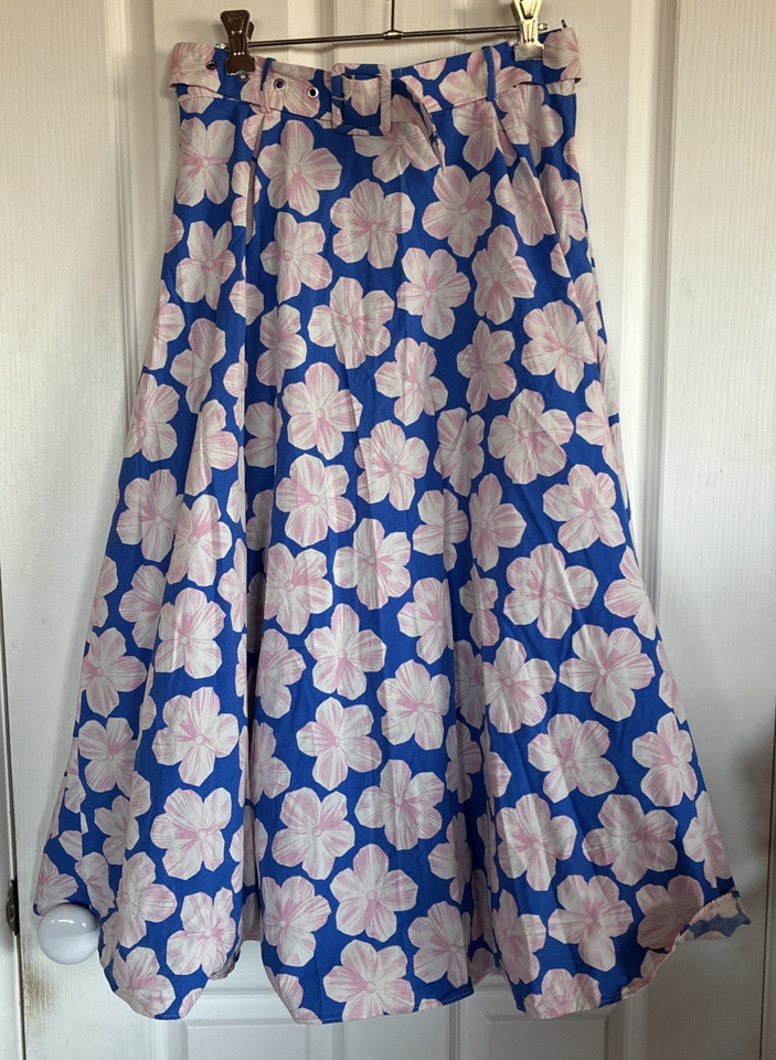 NafNaf Paris Womens Skirt Size 36EU/6Aus Blue & Pink Floral Lined Belted Flared
