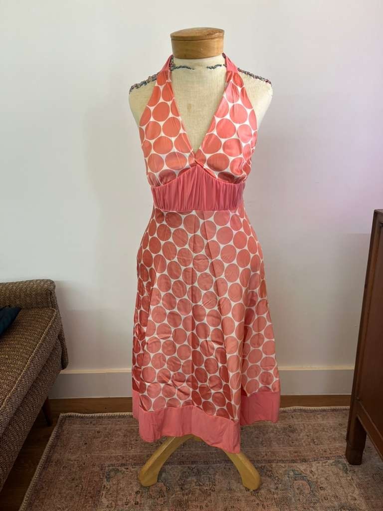 VTG Y2K Forever 21 Halter Babydoll Peach White Polka Dot Coquette Midi Dress Med