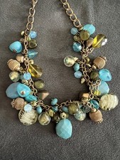 Multicolor Beaded Charm Necklace Turquoise Green Bronze 16