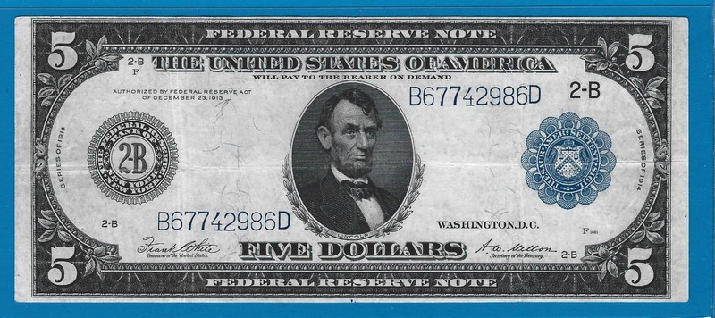 1914 $5 2/B-New York Federal Reserve Note FR 851b,Large Blue Seal,Crisp VF,Nice