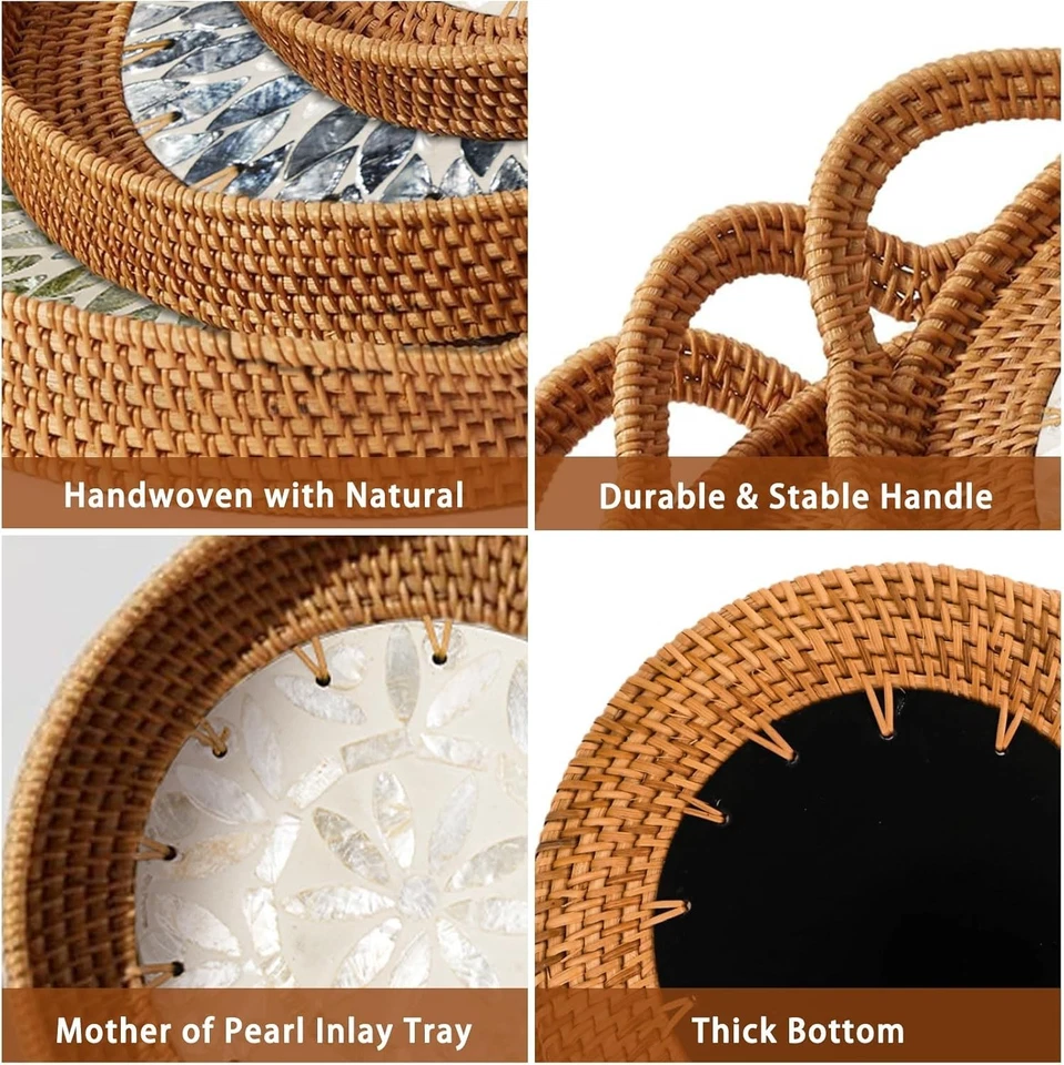 Round Rattan Tray Set (3-Piece) with Mother of Pearl Inlay & Wooden Base Wicker - Image 2 of 4