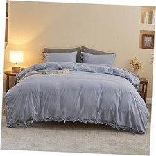 100 Washed Cotton Duvet Cover Set 3pcs with Bowknot Ties Twin Cornflower Blue