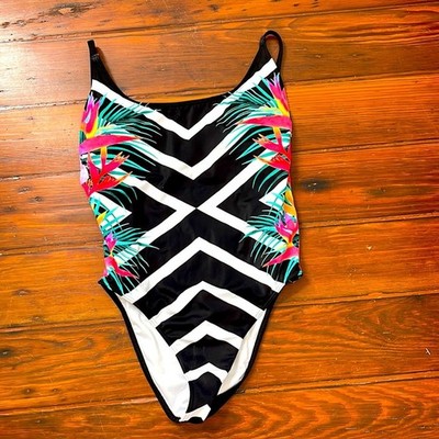 VS PINK chevron tropical plant print scoop back one piece swimsuit sz S