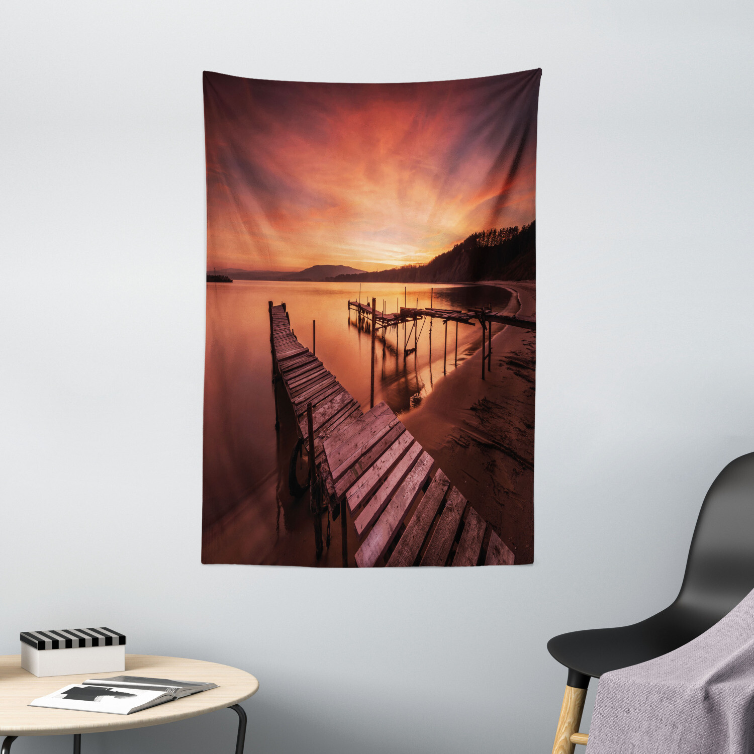 Orange Tapestry Twilight at Seaside Print Wall Hanging Decor