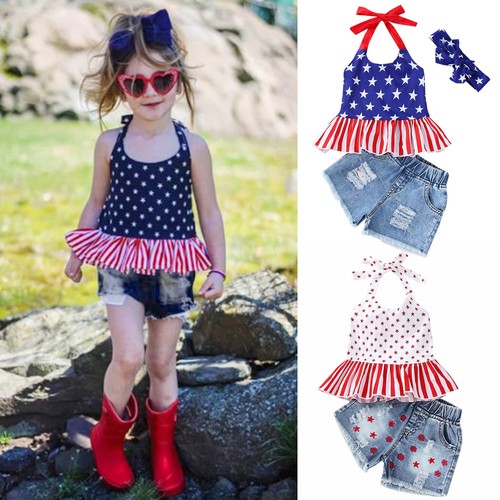 Toddler Girl Independence Day 4th Of July Outfits Striped Print Vest with Shorts