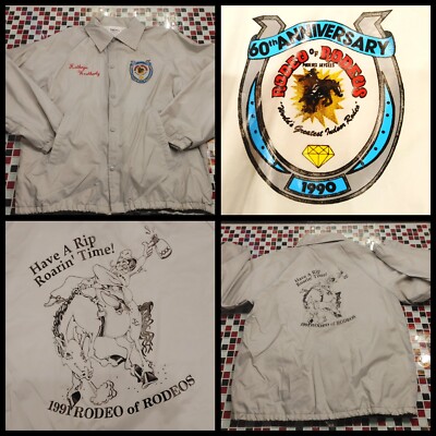 Vtg 90's Rodeo Of Rodeos LARGE Nylons Grey SATIN Windbreaker Jacket Jaycees 