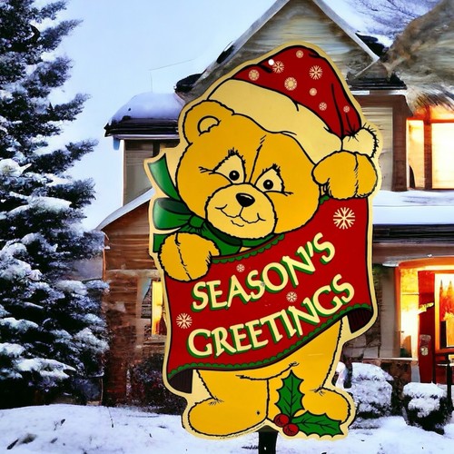 90er Vintage 26,75" Weihnachten Urlaub Teddybär Kunststoff Hof Schild Außendeko - Bild 18 von 24