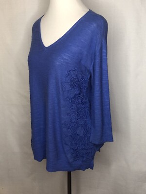 Open Knit Pullover Lace Sweater Tunic Blue Bell Sleeve V Neck Small Chicos