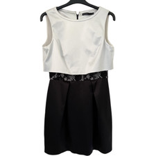 Karen Millen Size 12 Black Cream Lace Panel Skater Dress Sleeveless Party Work