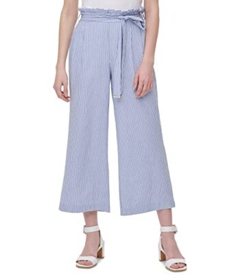 Calvin Klein Wide Leg Pants Blue White Combo US 8-10 Size M MSRP $90 Tie belt