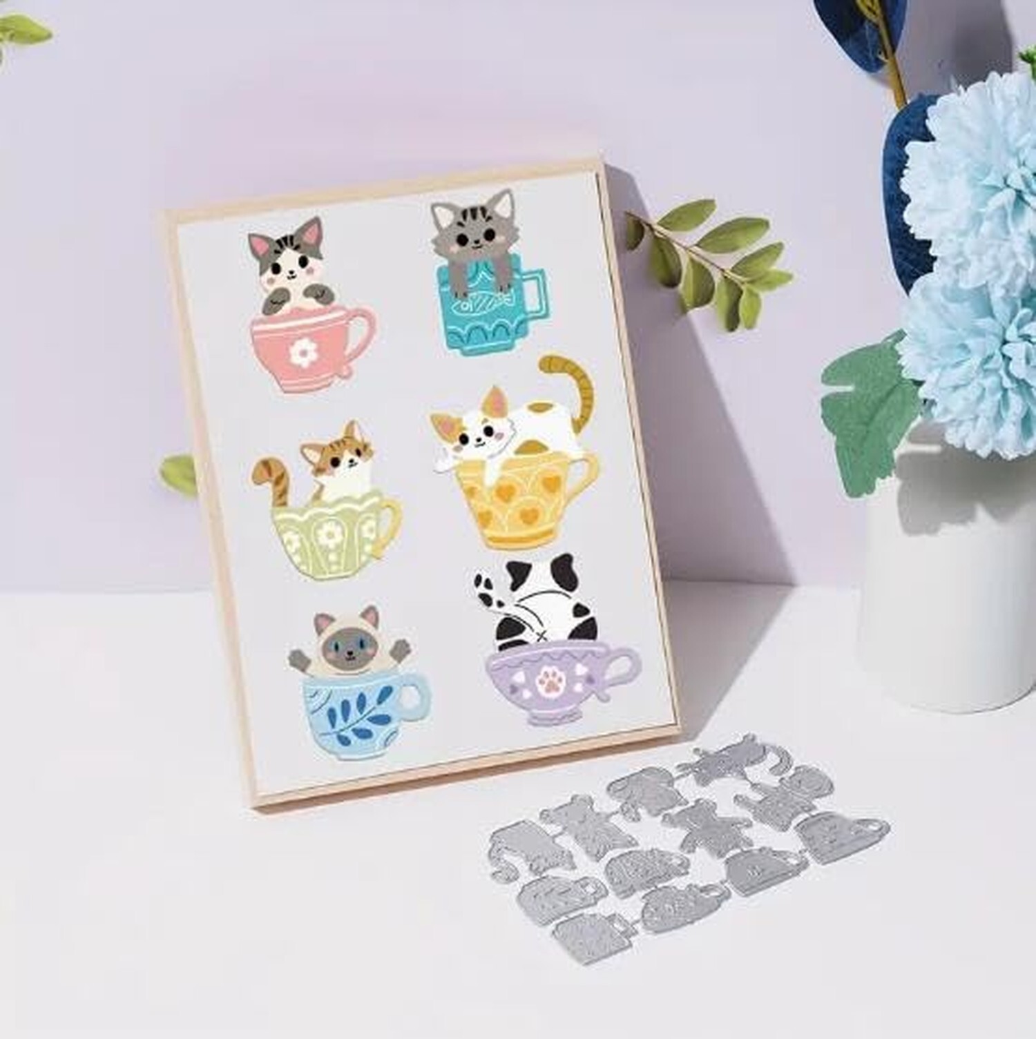 Cute Cat Cup Metal Die Cuts,Fish Cat Teapot Flower Leaf Heart Cutting Dies Cu...
