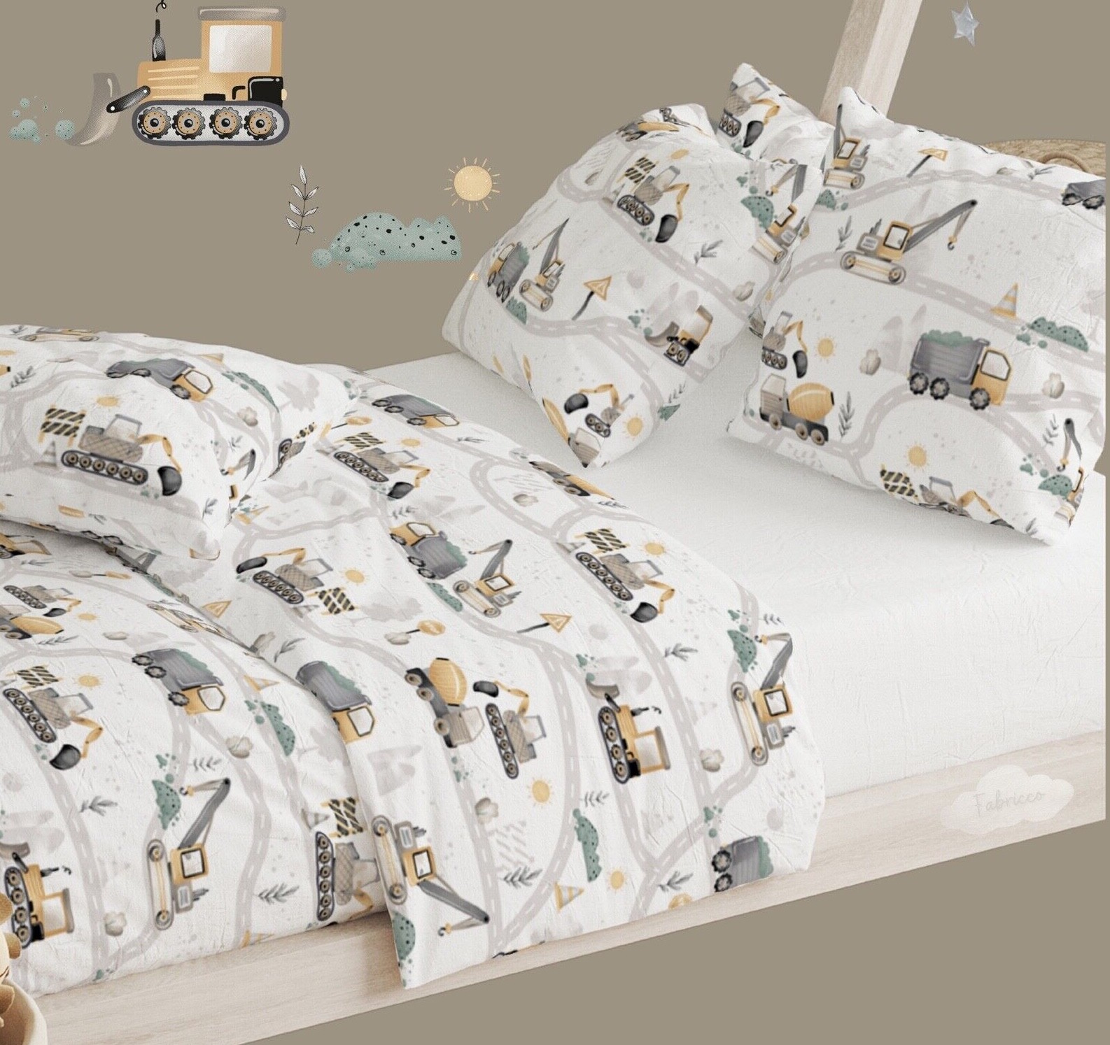 Lettino per bambini scavatori ragazzi, set biancheria da letto per bambini costruzione, puro cotone foto 2