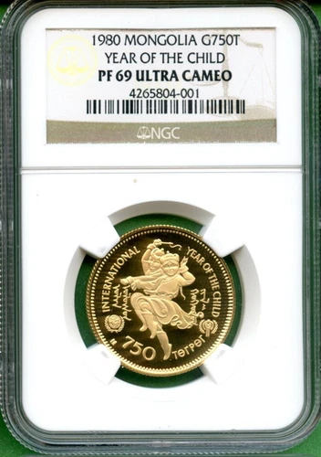MONGOLIA  GOLD  O.5401 OZ    1980 YEAR OF CHILD  NGC PF 69 ULTRA CAMEO  750 T
