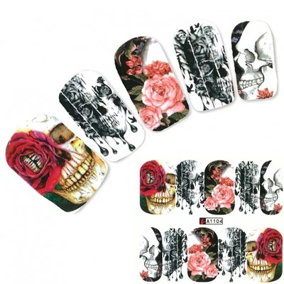 JUSTFOX Nagel Sticker Tattoo Nail Art Totenkopf Rosen Aufkleber