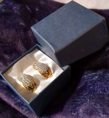 NWOT Women's Wide Hoop Earrings Gold Colored Plated With Cubic Zirconia In Box