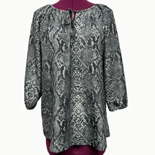Ann Taylor LOFT Snakeskin Animal Print Tie Neck Pullover Tunic Blouse Top M