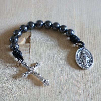 One Decade Pocket Rosary Paracord Black Steel Rope Cord Rosario Catholic Mercy
