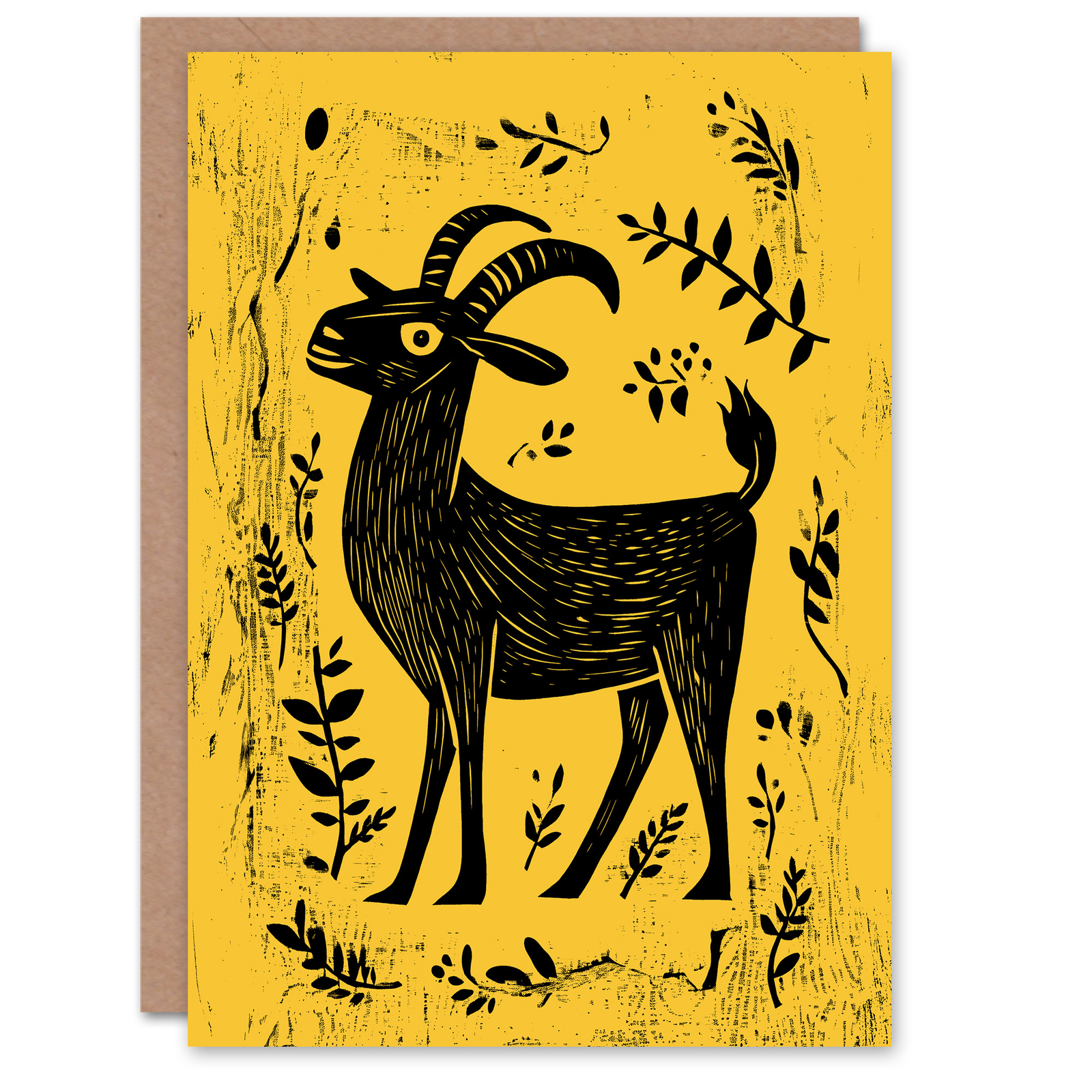 Goat Plant Leaves Simple Black Yellow Folk Art Birthday Greeting Card