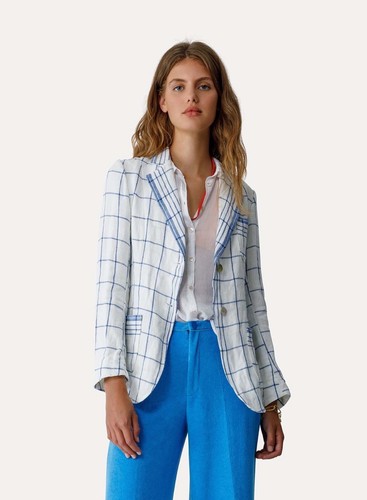 Forte Forte Holiday Check Linen Blazer White Blue III/ L NWT $744
