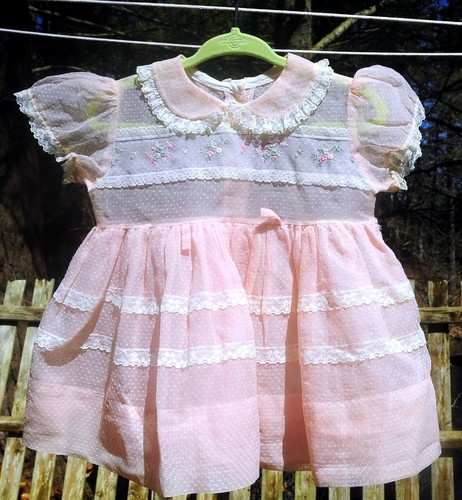 VTG 60's Toddler Girls Petal Pink Party Dress Dotted Swiss Organza w/ Lace 12M