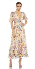 NWT MAC DUGGAL 68247 PINK FLORAL PRINT CHIFFON PUFF SLEEVE MIDI DRESS SZ 18