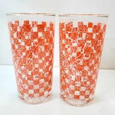 2 Vtg MCM Orange Checkered Spaghetti String Tumblers 12oz Tall Drinking Glasses