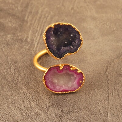 Natural Geode Slice Two Stone Ring Gold Electroplated Handmade Adjustable Ring
