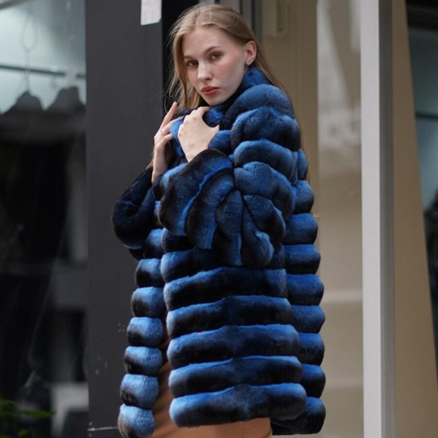 BLUELEA Fur pocket coat ブルレア コート bluelea Women Chinchilla Full Pelt Blue Real Rex Rabbit Fur Coat