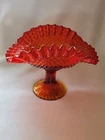 Vintage Amberina Red Glass Diamond Point Ruffled Rim Compote Pedestal Candy Dish