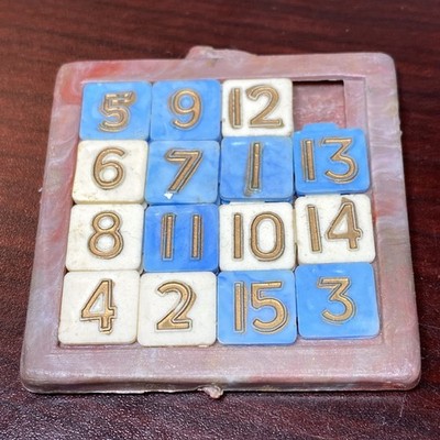 Vtg 15 Slide Tile Puzzle Game Multicolored HONG KONG Red Blue White Marble Swirl