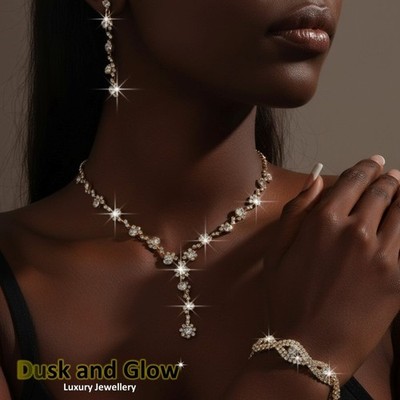 Damen Silber Gold Schmuck Set Halskette Ohrhänger Damen Hochzeit Geschenk UK
