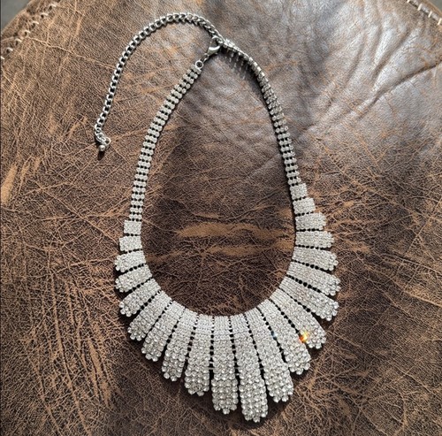 Silver Tone Rhinestone & Crystal Statement Bib Necklace Lobster Clasp Adjustable