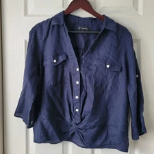INC International Concept 100% Linen Navy Shirt Large Twist Front