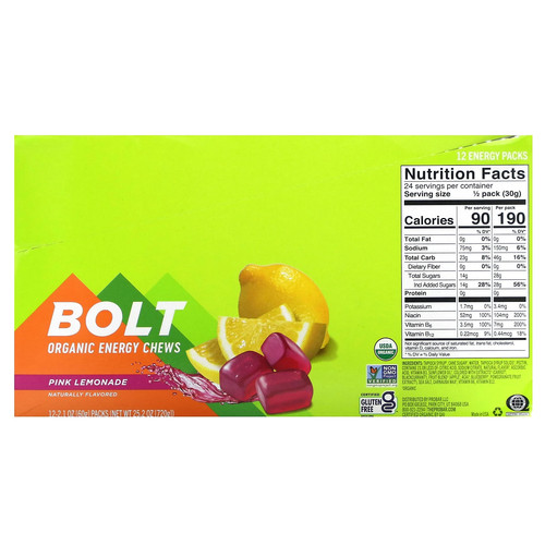 Bolt, Organic Energy Chews, Pink Lemonade, 12 Packs, 2.1 oz (60 g) Each - Picture 2 of 3