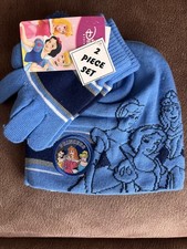 Disney Kids Princesses Winter Hat and Gloves Set Kids size 4-6 Blue w Stripes