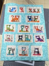 Baby Quilt Handmade New Turquoise Color 30  x42  Adorable Cats, Flannel Back