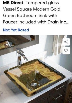Tempered Glass Vessel Square Modern Gold Green Sink + Brushed Nickel Faucet 