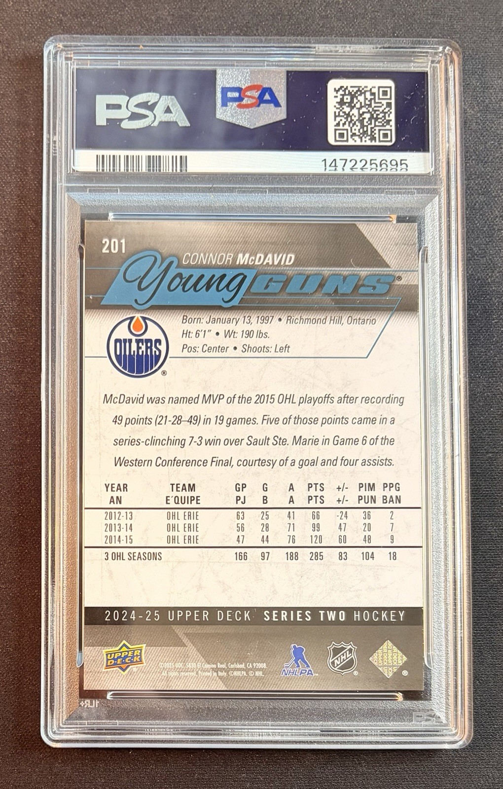 24-25 UPPER DECK YOUNG GUNS RENEWED CONNOR MCDAVID #201 PSA 8 NM-MINT view 2
