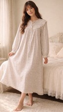 Lanz of Salzburg Tyrolean Flannel Nightgown Sz L Blue Floral Lace Grannycore