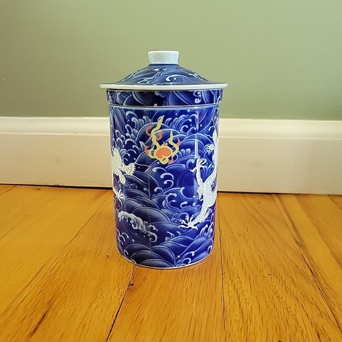 Porcelain Chinese Tea Mug Infuser Lid Dragon Pattern Blue White - Picture 3 of 6